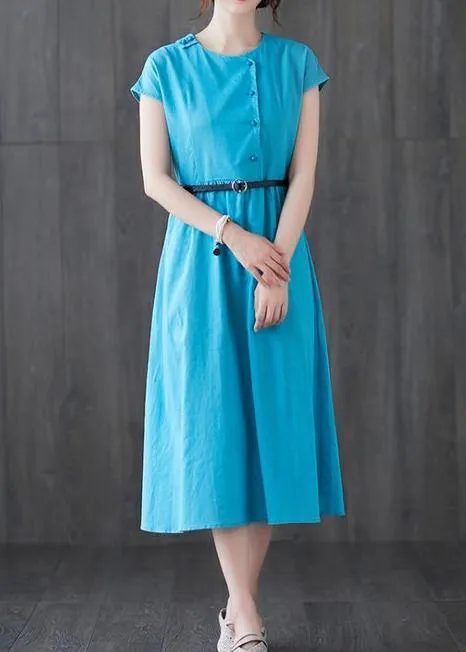 100% blue linen dresses o neck patchwork Love summer Dresses