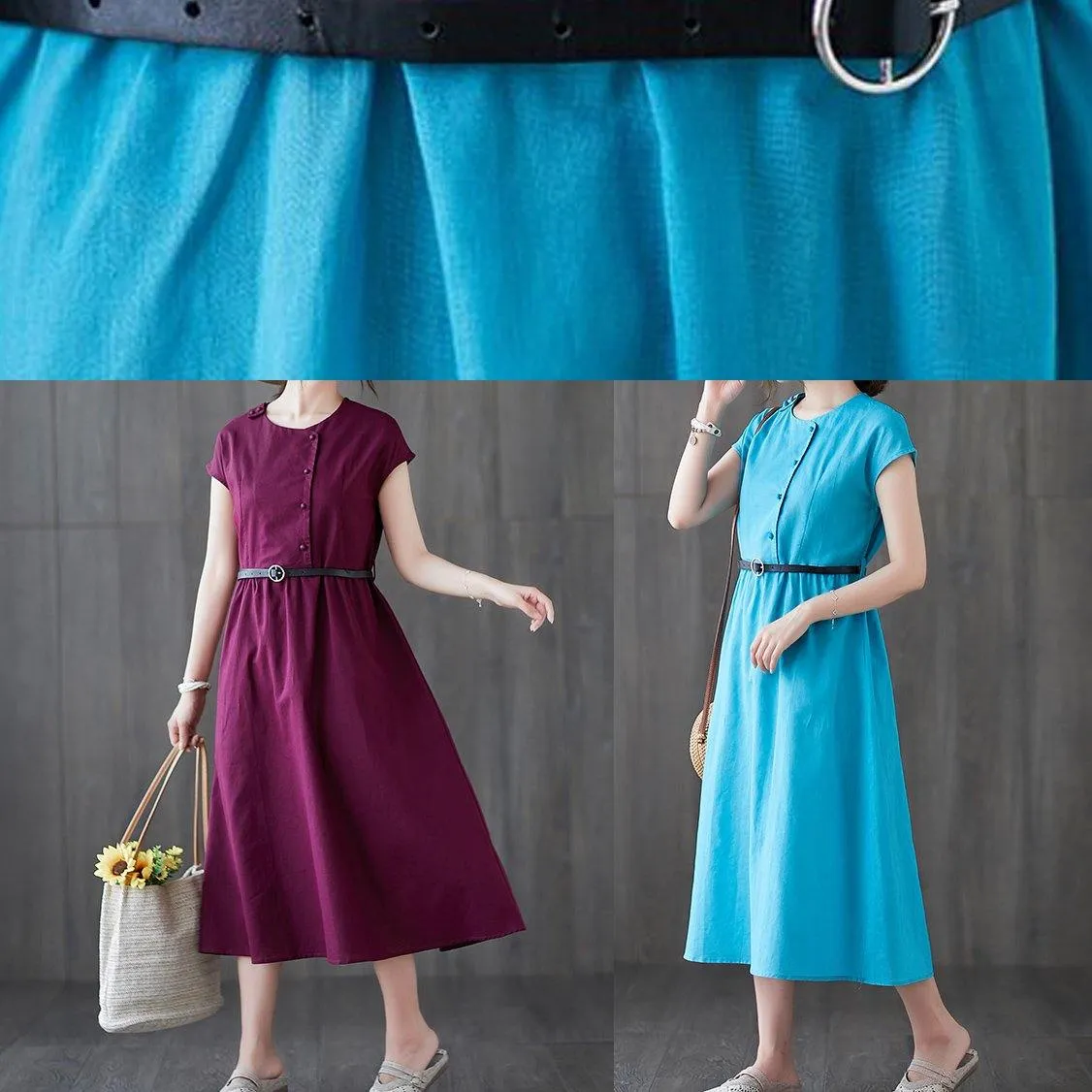 100% blue linen dresses o neck patchwork Love summer Dresses