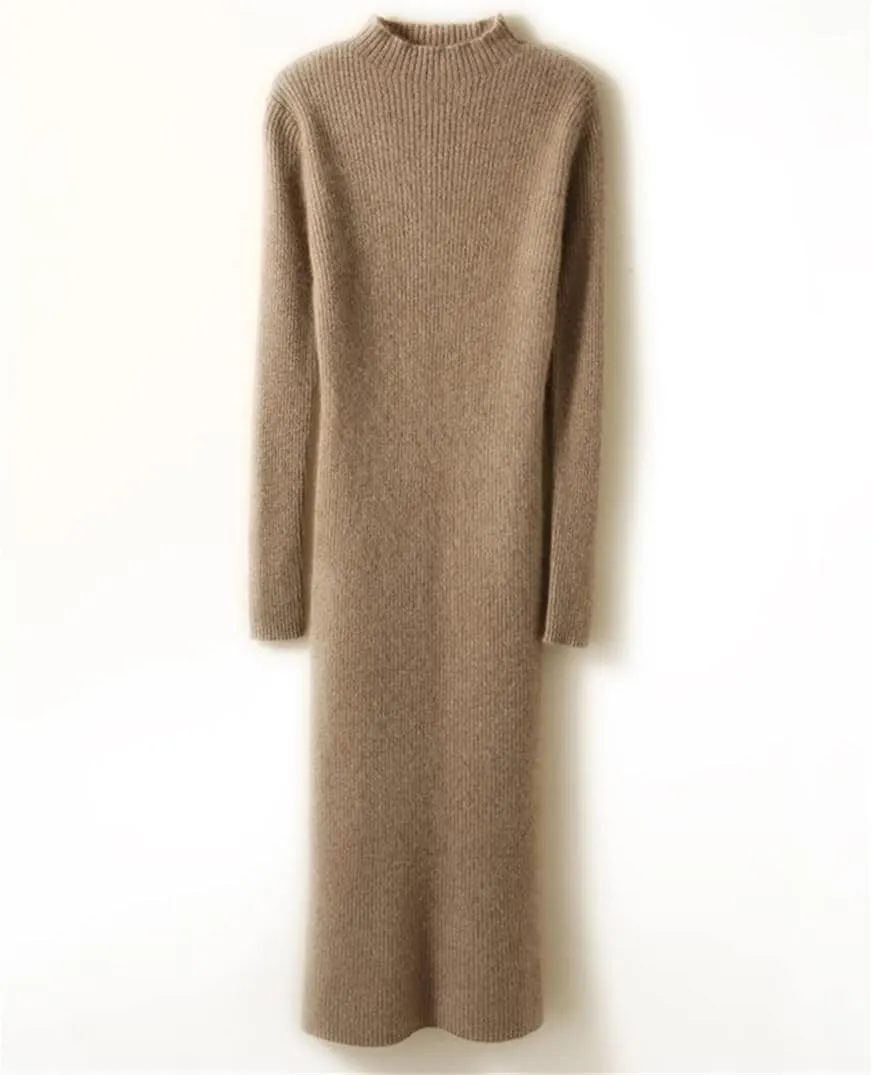 100% Solid Wool Cashmere Long Dress for Women Sexy Soft Warm Knitted Knitwears Ladies Sweater Dress