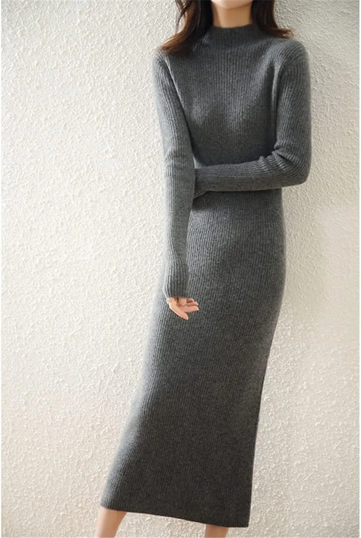 100% Solid Wool Cashmere Long Dress for Women Sexy Soft Warm Knitted Knitwears Ladies Sweater Dress