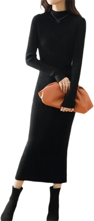 100% Solid Wool Cashmere Long Dress for Women Sexy Soft Warm Knitted Knitwears Ladies Sweater Dress