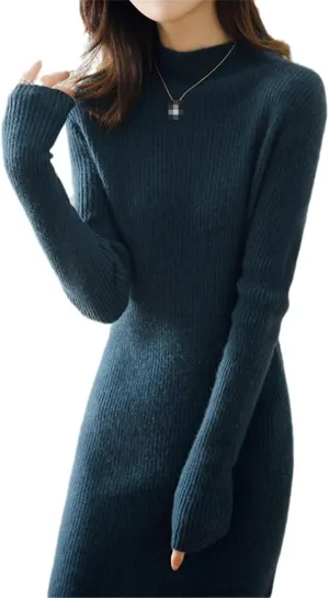 100% Solid Wool Cashmere Long Dress for Women Sexy Soft Warm Knitted Knitwears Ladies Sweater Dress