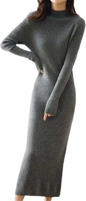 100% Solid Wool Cashmere Long Dress for Women Sexy Soft Warm Knitted Knitwears Ladies Sweater Dress
