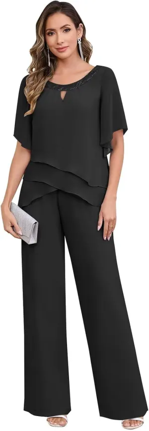 2 Pieces Mother of The Bride Pant Suits for Women Half Sleeve Sparkly Chiffon Layered Formal Evening Outfit