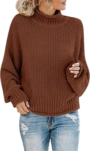 2023 Turtleneck Sweater for Women Batwing Sleeve Solid Loose Oversized Chunky Knitted Pullover Sweater Jumper Tops