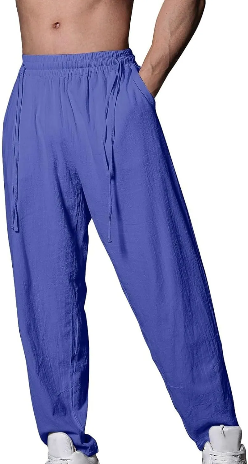 2025 Men's Summer Drawstring Casual Pants Breathable Cotton Linen Work Pants