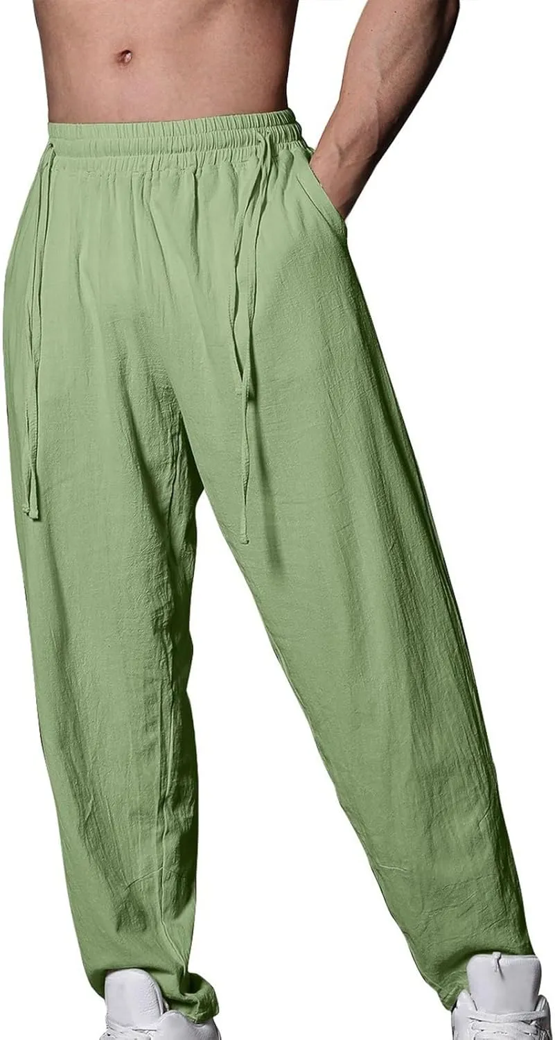 2025 Men's Summer Drawstring Casual Pants Breathable Cotton Linen Work Pants