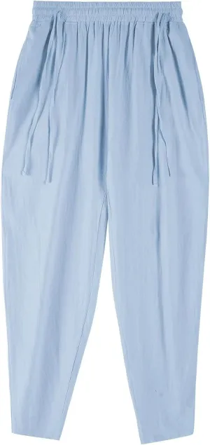2025 Men's Summer Drawstring Casual Pants Breathable Cotton Linen Work Pants