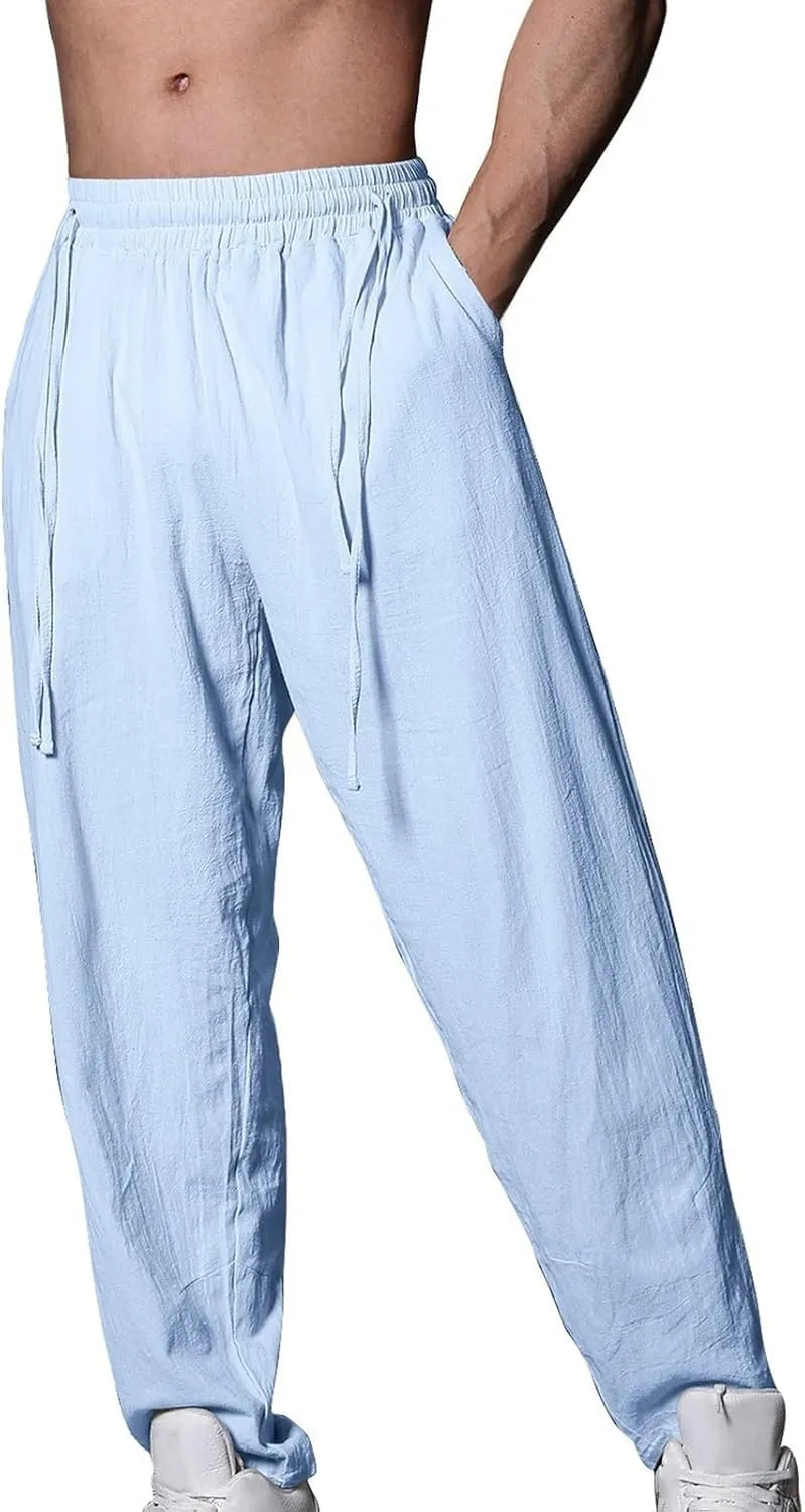 2025 Men's Summer Drawstring Casual Pants Breathable Cotton Linen Work Pants