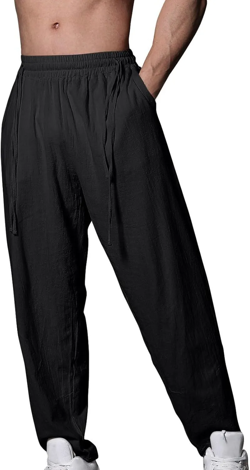 2025 Men's Summer Drawstring Casual Pants Breathable Cotton Linen Work Pants