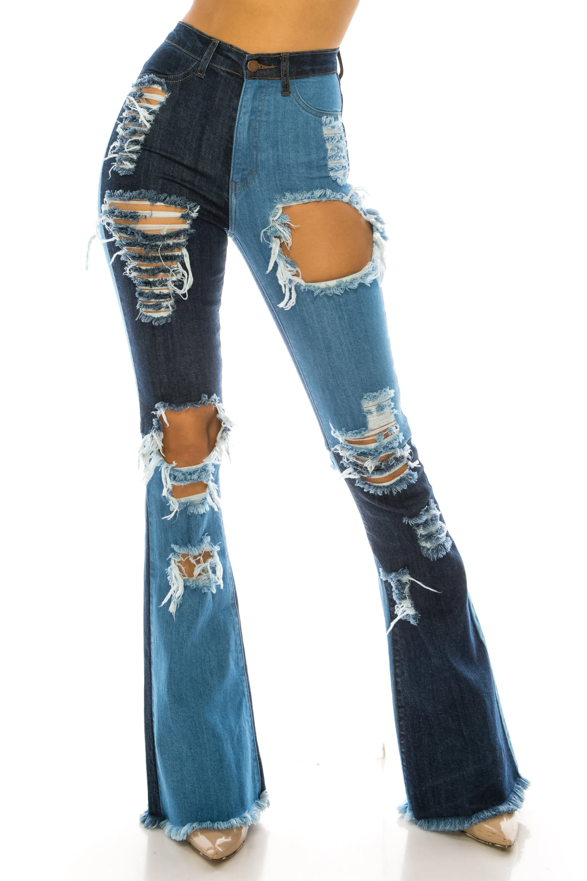 2132 Women's High Waisted Distressed Flare Jeans with Alternating Shade