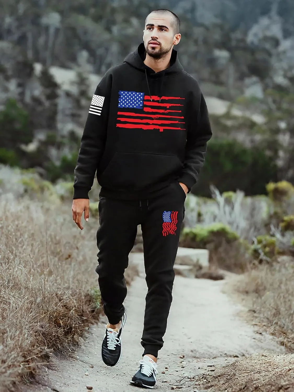 2Pcs American Flag Tracksuit Sets Casual Pullover Hoodie Outfits Sweatshirt and Sweatpants for Men Women