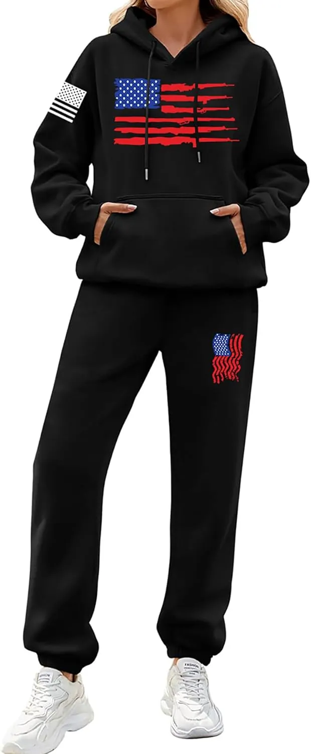 2Pcs American Flag Tracksuit Sets Casual Pullover Hoodie Outfits Sweatshirt and Sweatpants for Men Women