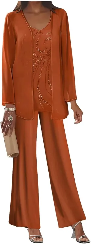 3 Piece Mother of The Bride Pant Suits Long Sleeve Chiffon Formal Wedding Guest Outfit Set with Jacket