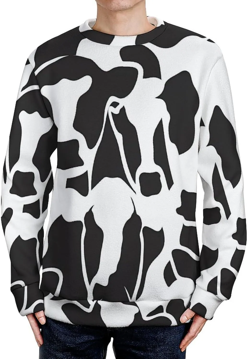 Abstract Cow Black White Pattern Crew Neck Sweater Oversized Long Sleeve Pure Cotton Casual Knit Pullover Sweatshirt