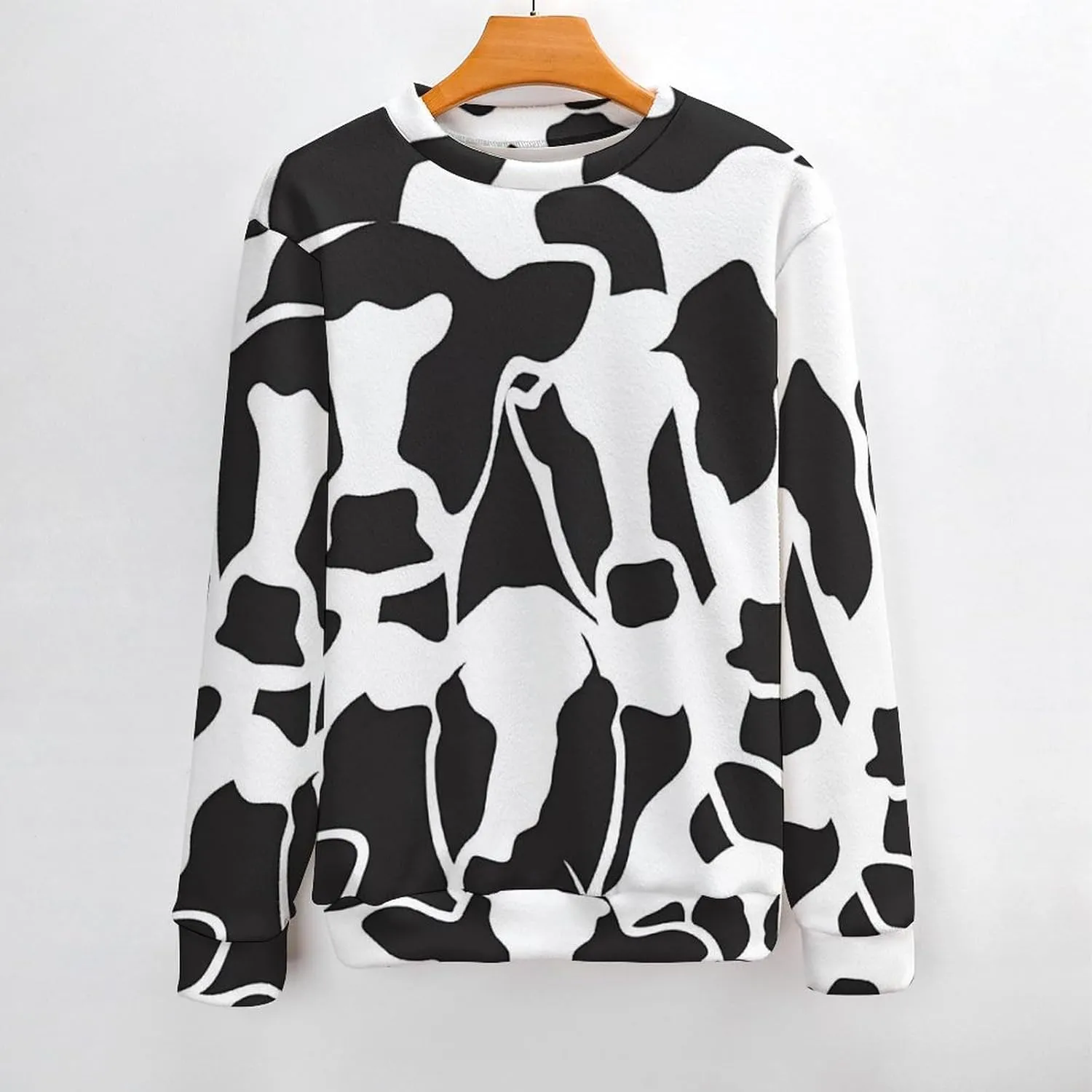 Abstract Cow Black White Pattern Crew Neck Sweater Oversized Long Sleeve Pure Cotton Casual Knit Pullover Sweatshirt