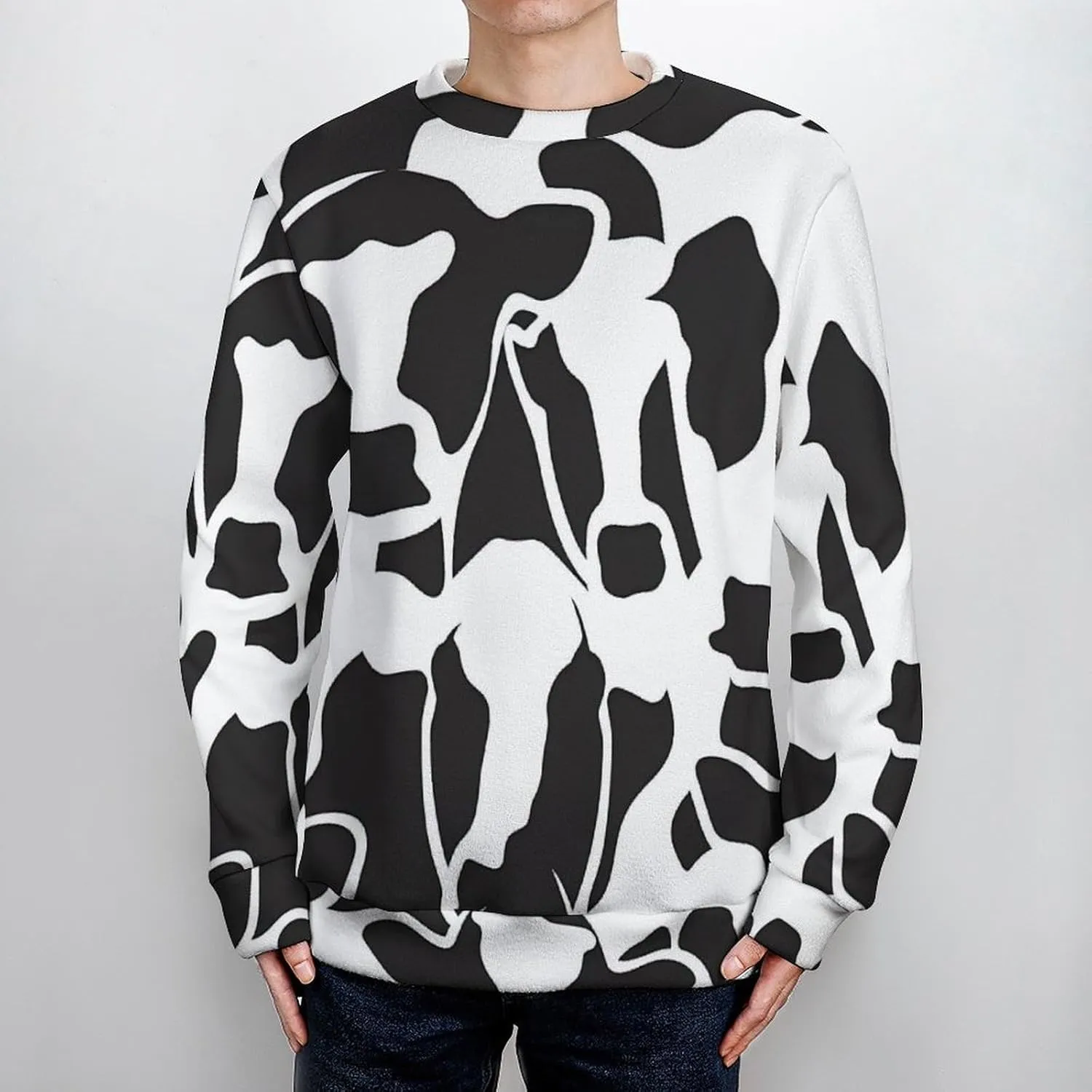Abstract Cow Black White Pattern Crew Neck Sweater Oversized Long Sleeve Pure Cotton Casual Knit Pullover Sweatshirt