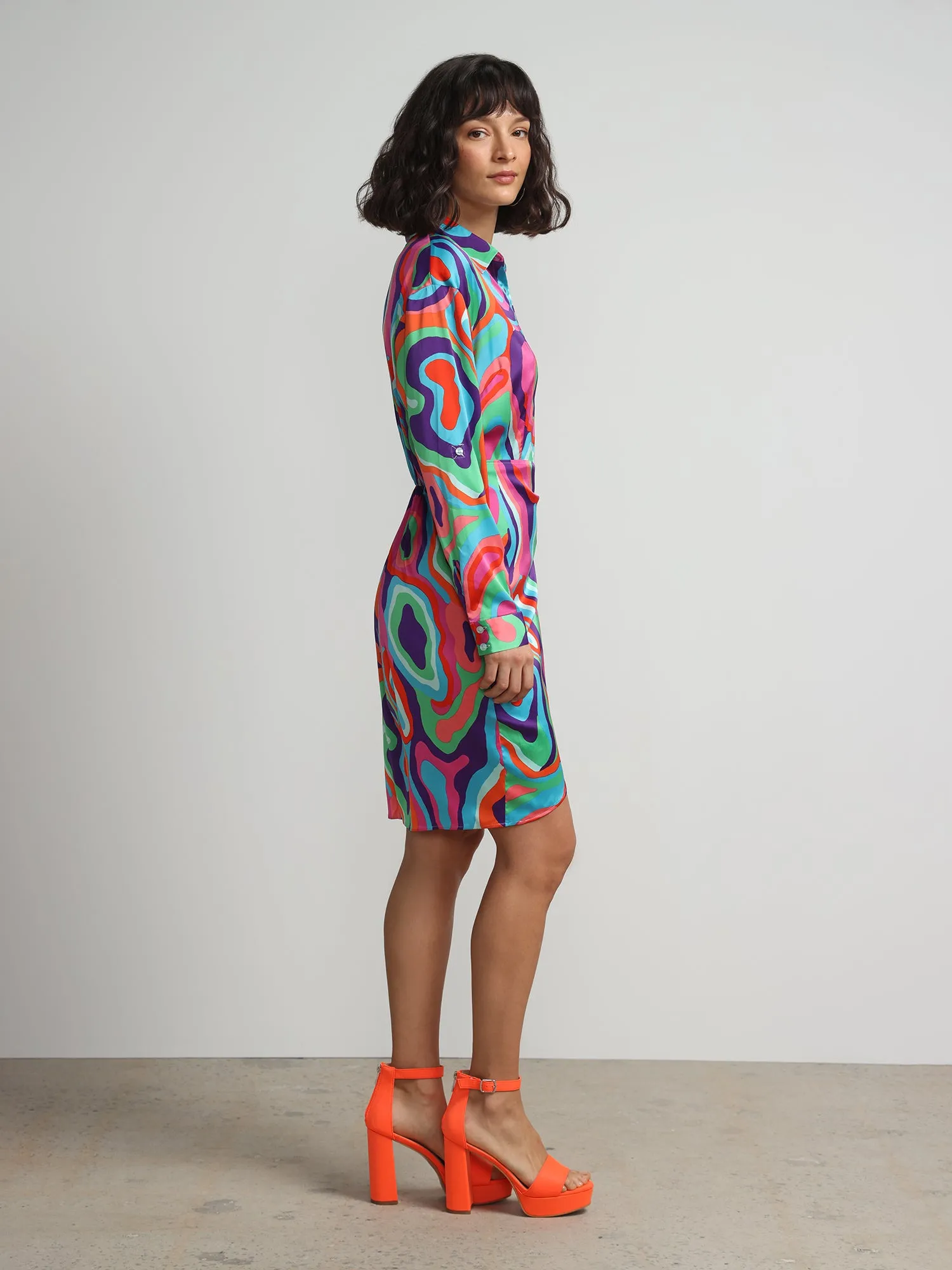 Abstract Print Wrap Shirtdress