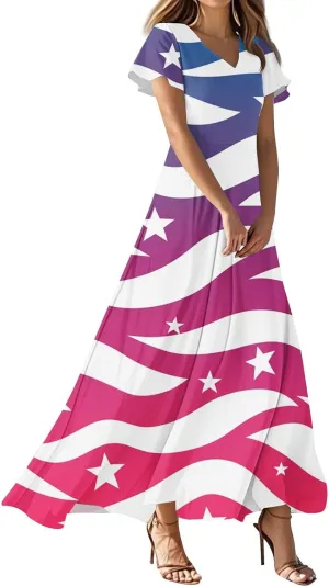 ADHOWBEW Red White and Blue Dress Memorial Days V Neck Summer Patriotic USA Short Sleeve American Flag 2025 Dresses