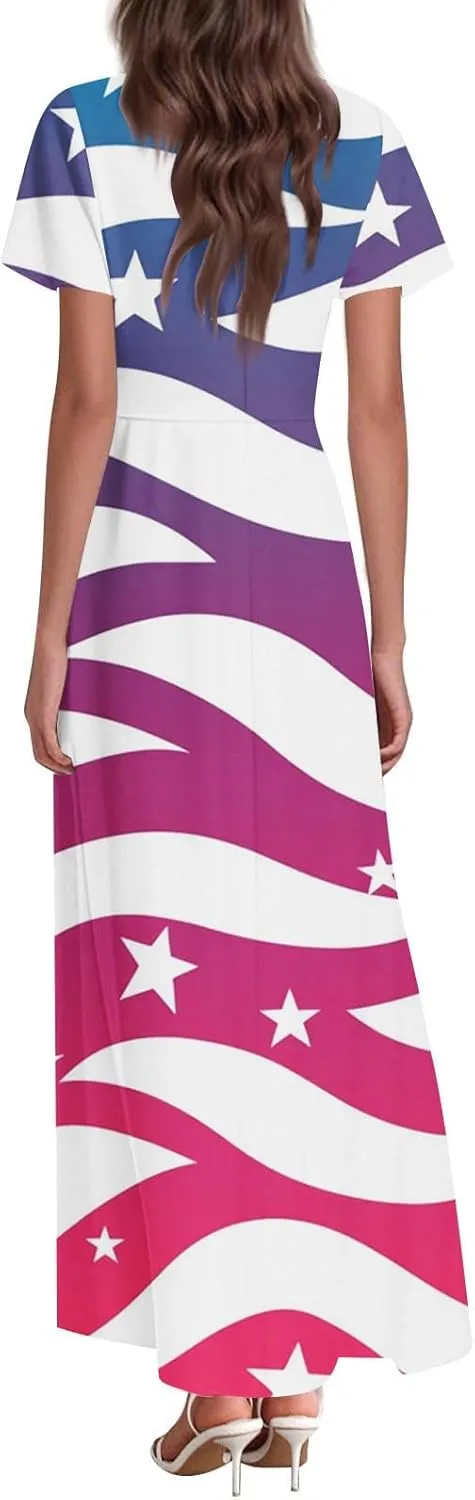 ADHOWBEW Red White and Blue Dress Memorial Days V Neck Summer Patriotic USA Short Sleeve American Flag 2025 Dresses