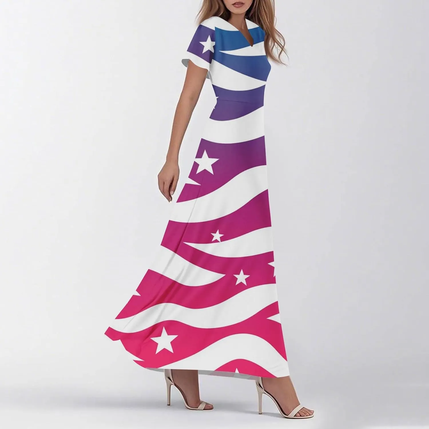 ADHOWBEW Red White and Blue Dress Memorial Days V Neck Summer Patriotic USA Short Sleeve American Flag 2025 Dresses