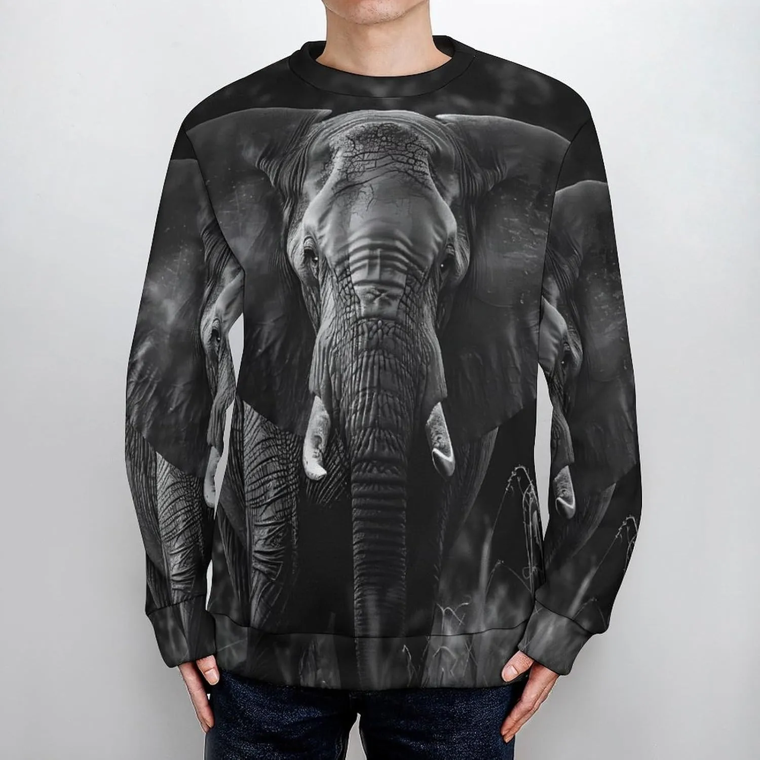 African Elephant Black And White Crew Neck Sweater Oversized Long Sleeve Pure Cotton Casual Knit Pullover Sweatshirt