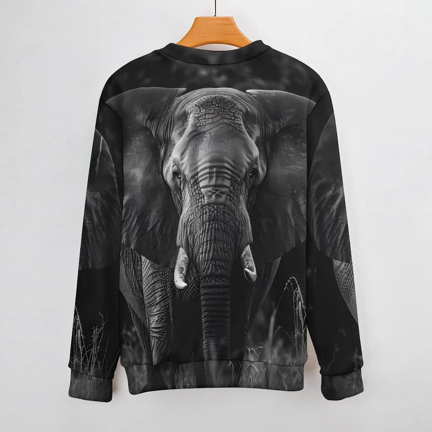 African Elephant Black And White Crew Neck Sweater Oversized Long Sleeve Pure Cotton Casual Knit Pullover Sweatshirt