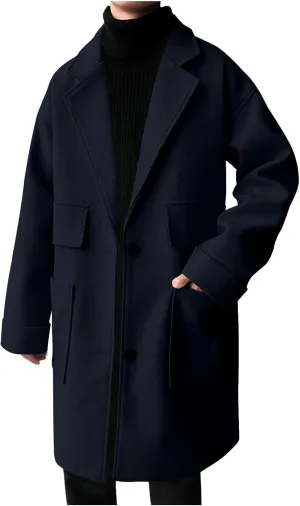 Akklian Men's Trench Coat Notch Lapel Peacoat Premium Wool Blend Outerwear Coats Casual Cashmere Mid-Length Long Overcoat