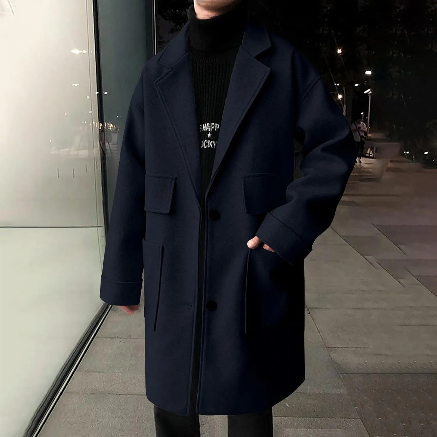 Akklian Men's Trench Coat Notch Lapel Peacoat Premium Wool Blend Outerwear Coats Casual Cashmere Mid-Length Long Overcoat