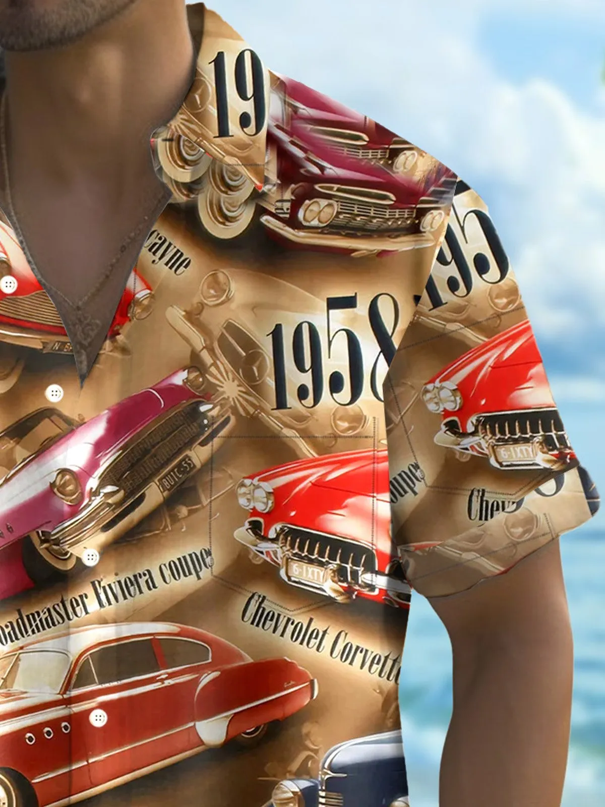 Alohadaddy 60s Retro Classic Car 3D Digital Print Men's Button Pocket Short Sleeve Shirt Big & Tall