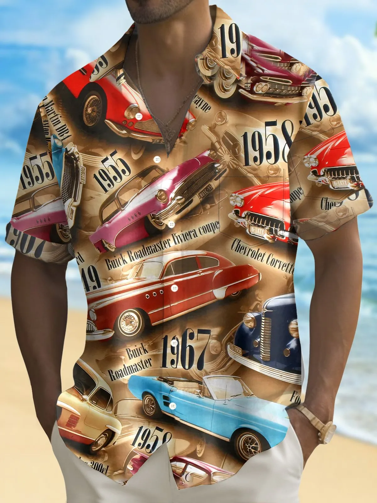 Alohadaddy 60s Retro Classic Car 3D Digital Print Men's Button Pocket Short Sleeve Shirt Big & Tall