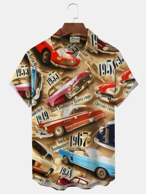 Alohadaddy 60s Retro Classic Car 3D Digital Print Men's Button Pocket Short Sleeve Shirt Big & Tall