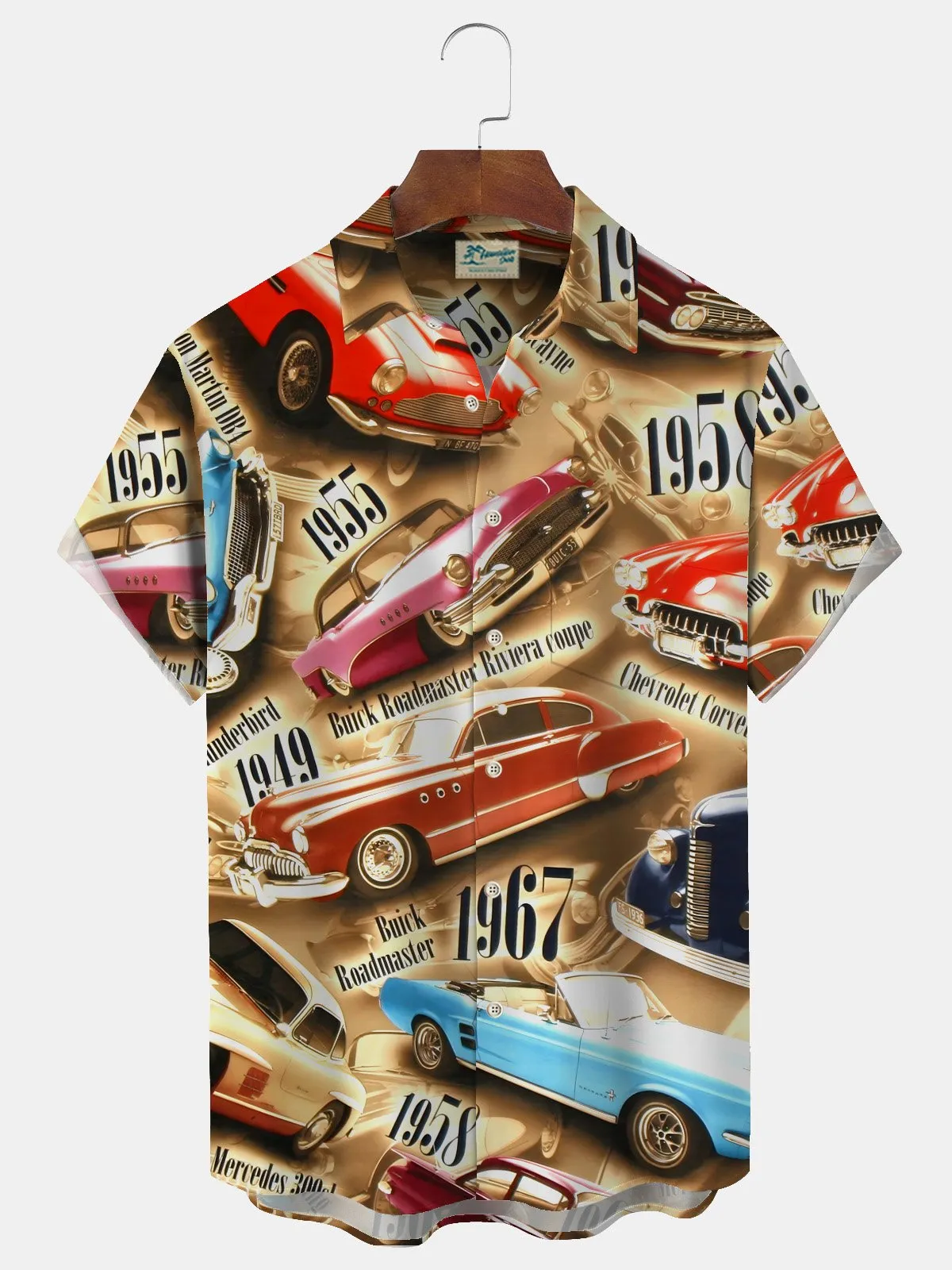 Alohadaddy 60s Retro Classic Car 3D Digital Print Men's Button Pocket Short Sleeve Shirt Big & Tall