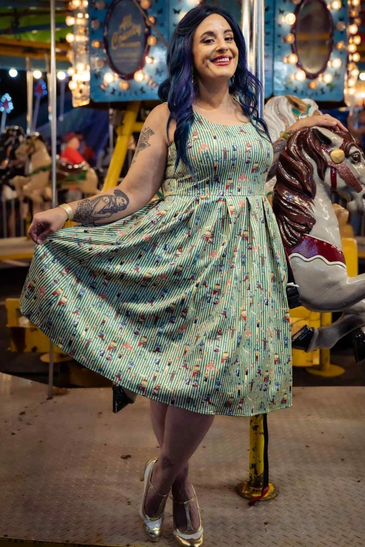 Amanda Scoop Neck Green Circus Striped Swing Dress