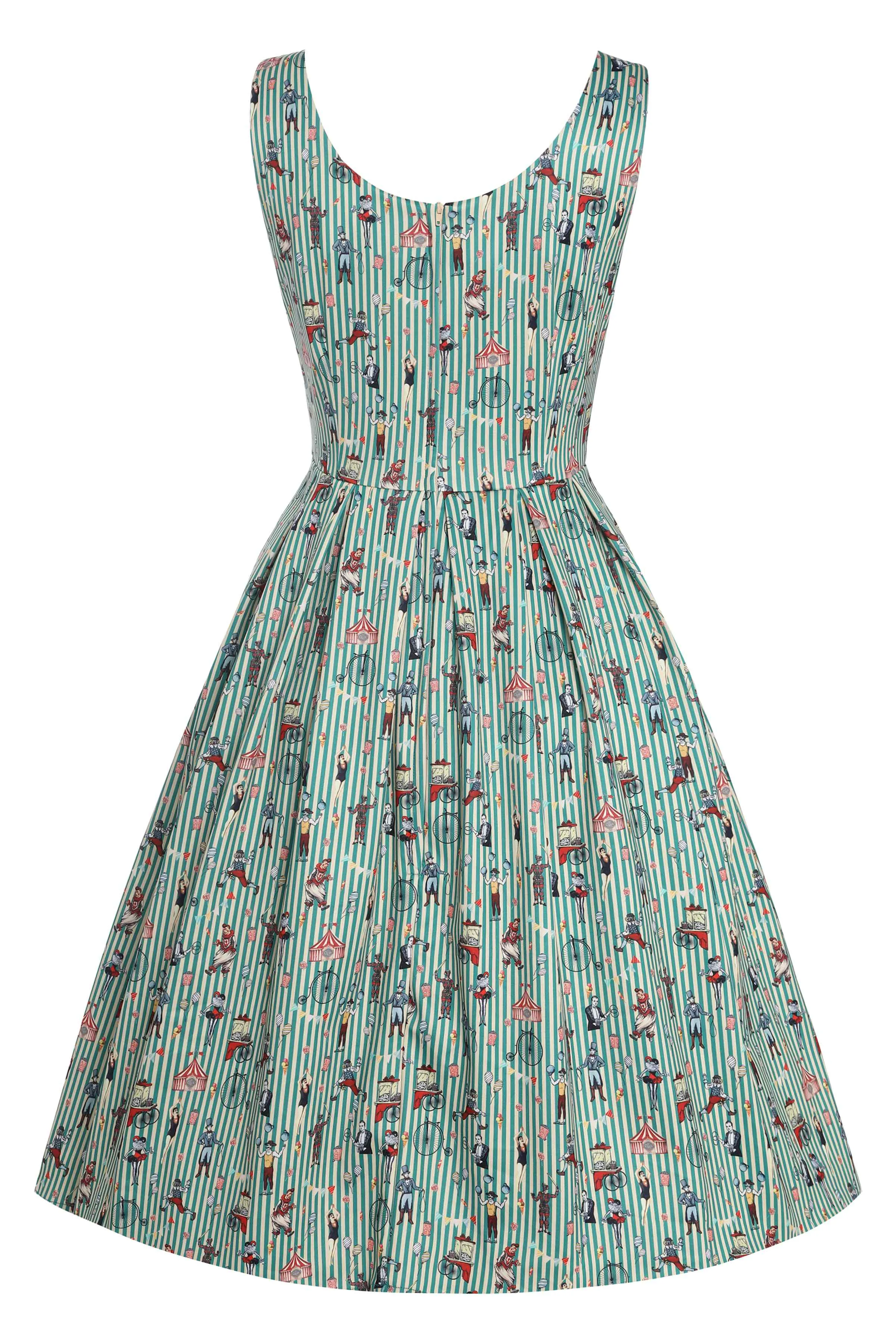 Amanda Scoop Neck Green Circus Striped Swing Dress