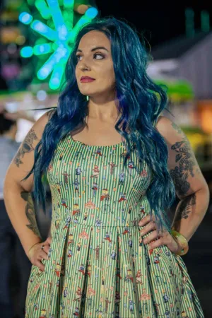 Amanda Scoop Neck Green Circus Striped Swing Dress