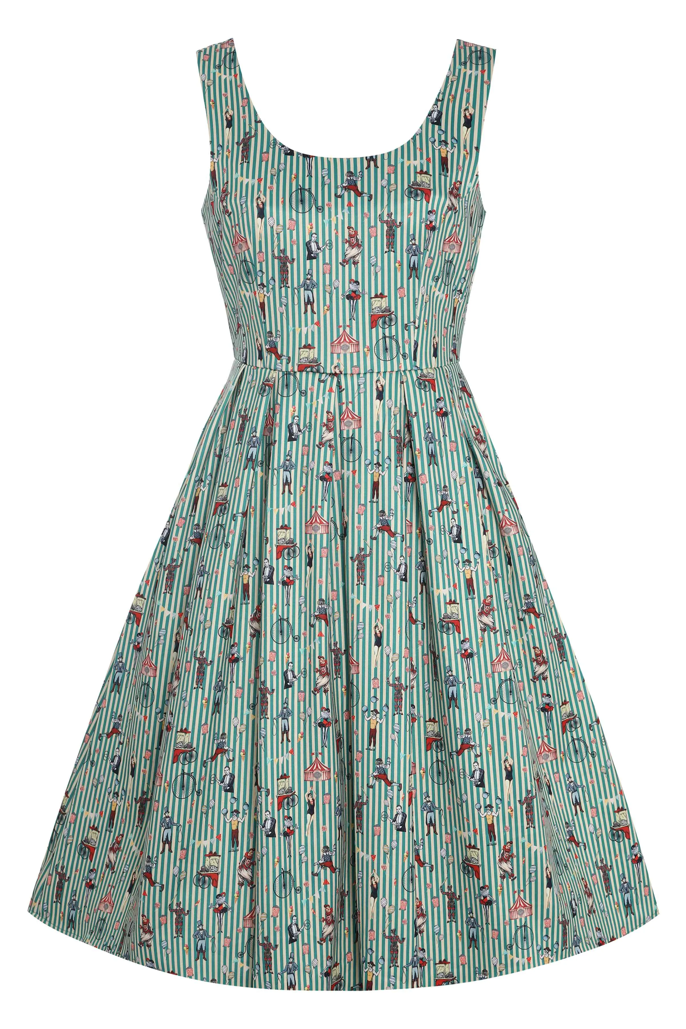 Amanda Scoop Neck Green Circus Striped Swing Dress
