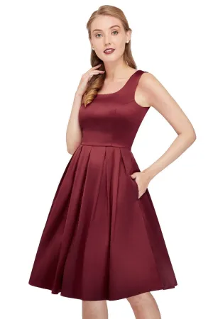 Amanda Scoop Neck Satin Swing Dress in Burgundy