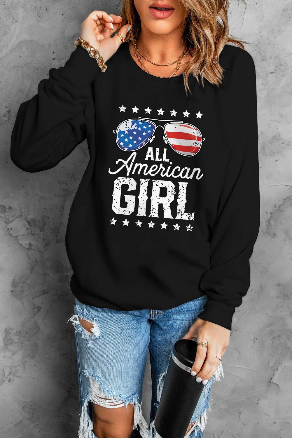 American Girl Flag Graphic Print Long Sleeve Sweatshirt