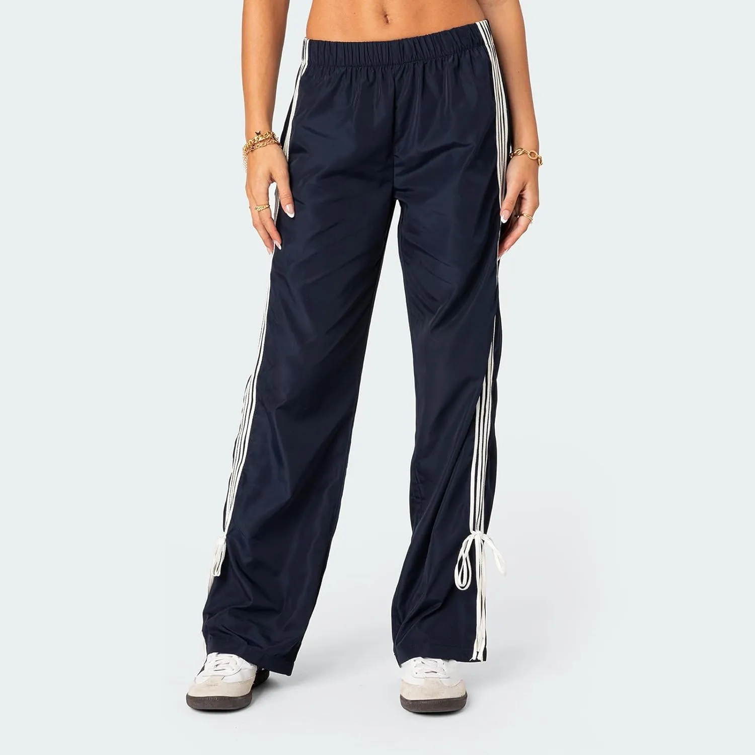Aopwsrlyi Women Wide Leg Track Pants Y2K Parachute Pants Elastic Low Rise Side Striped Sweatpants with Pockets