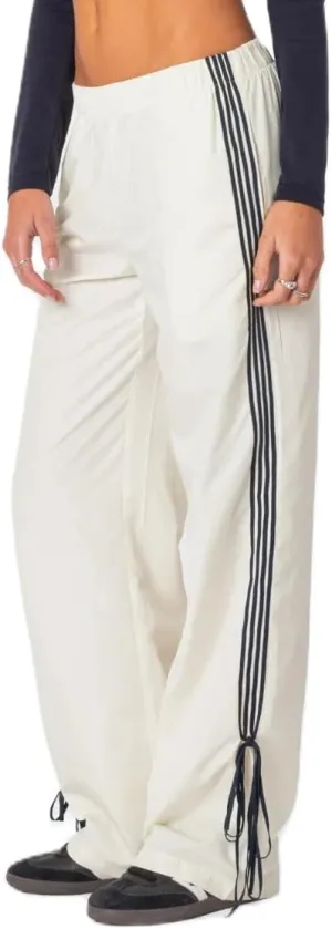 Aopwsrlyi Women Wide Leg Track Pants Y2K Parachute Pants Elastic Low Rise Side Striped Sweatpants with Pockets