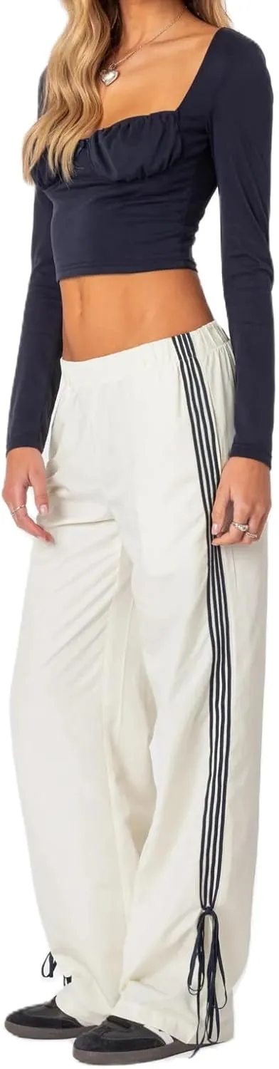 Aopwsrlyi Women Wide Leg Track Pants Y2K Parachute Pants Elastic Low Rise Side Striped Sweatpants with Pockets