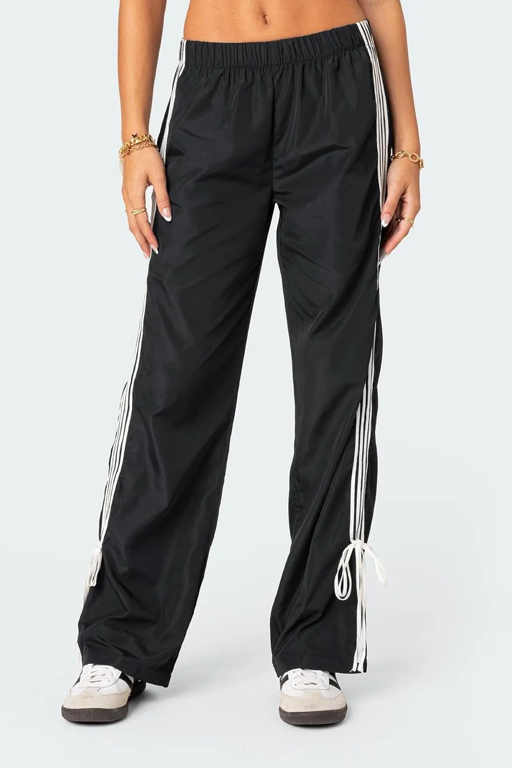 Aopwsrlyi Women Wide Leg Track Pants Y2K Parachute Pants Elastic Low Rise Side Striped Sweatpants with Pockets
