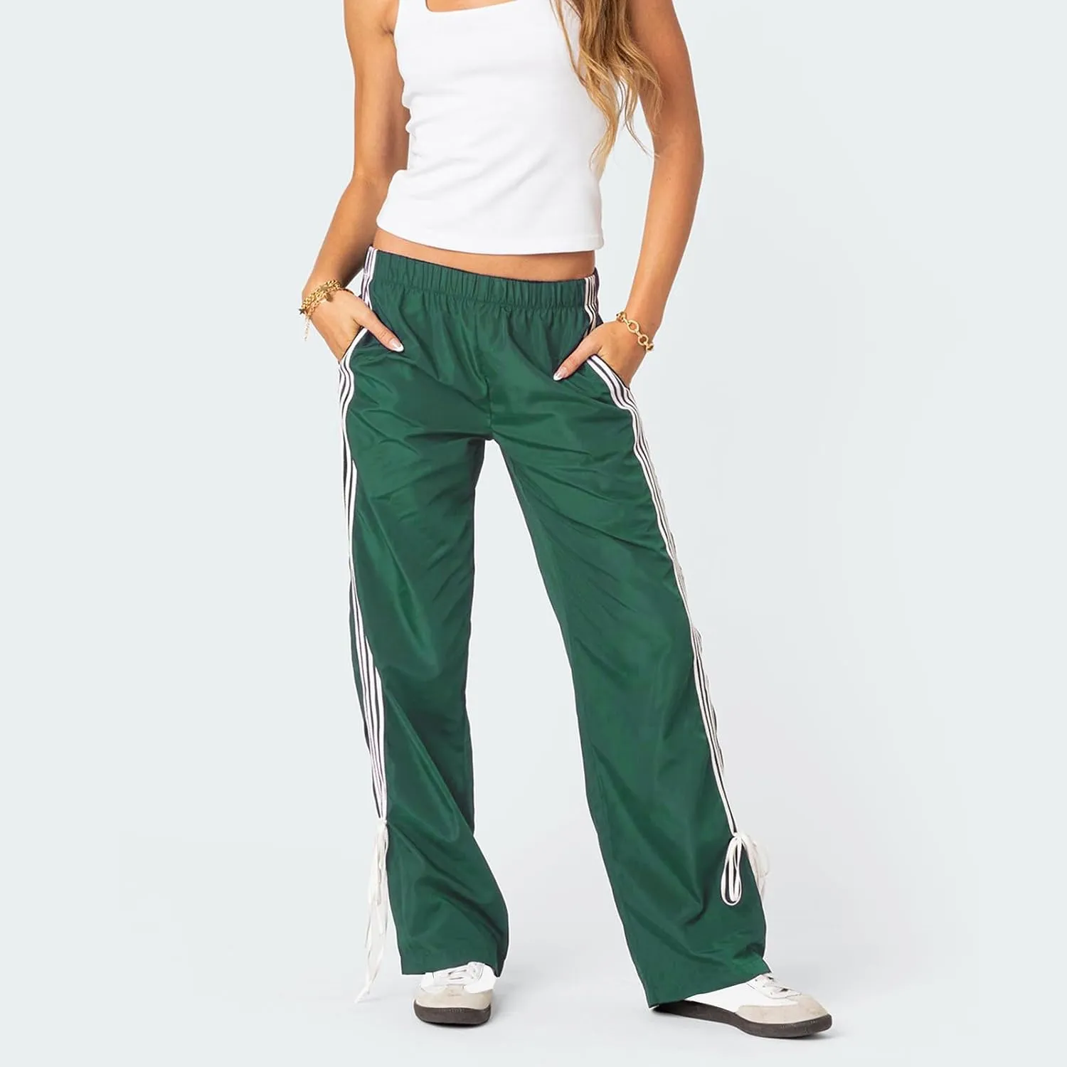 Aopwsrlyi Women Wide Leg Track Pants Y2K Parachute Pants Elastic Low Rise Side Striped Sweatpants with Pockets