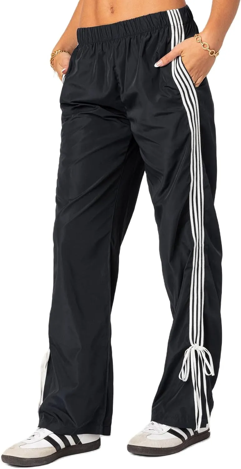 Aopwsrlyi Women Wide Leg Track Pants Y2K Parachute Pants Elastic Low Rise Side Striped Sweatpants with Pockets