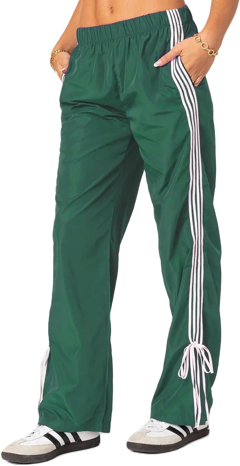 Aopwsrlyi Women Wide Leg Track Pants Y2K Parachute Pants Elastic Low Rise Side Striped Sweatpants with Pockets