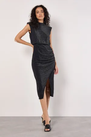 Apricot Sparkle Mock Neck Rouched Dress