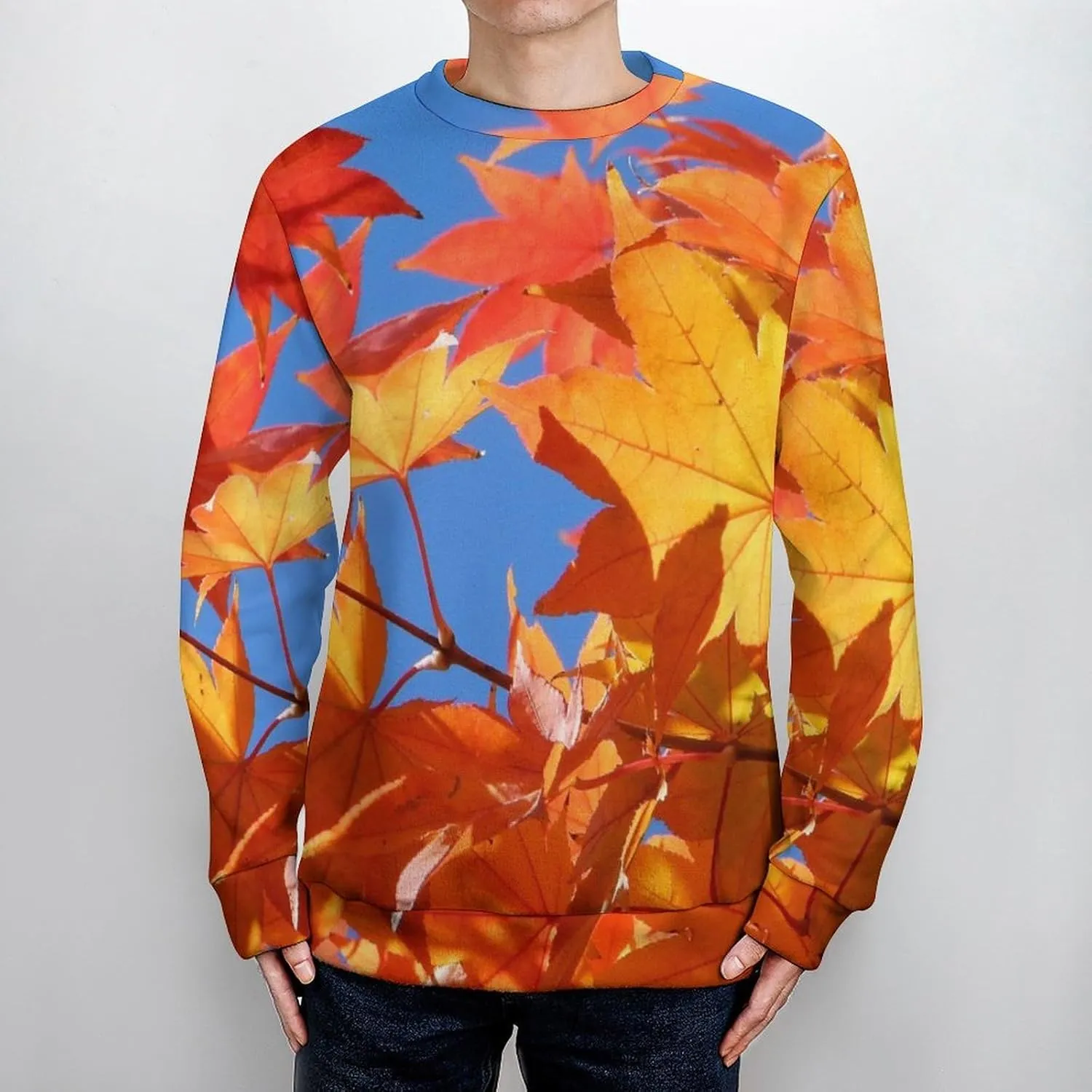 Autumn Maple Leaves Crew Neck Sweater Oversized Long Sleeve Pure Cotton Casual Knit Pullover Sweatshirt