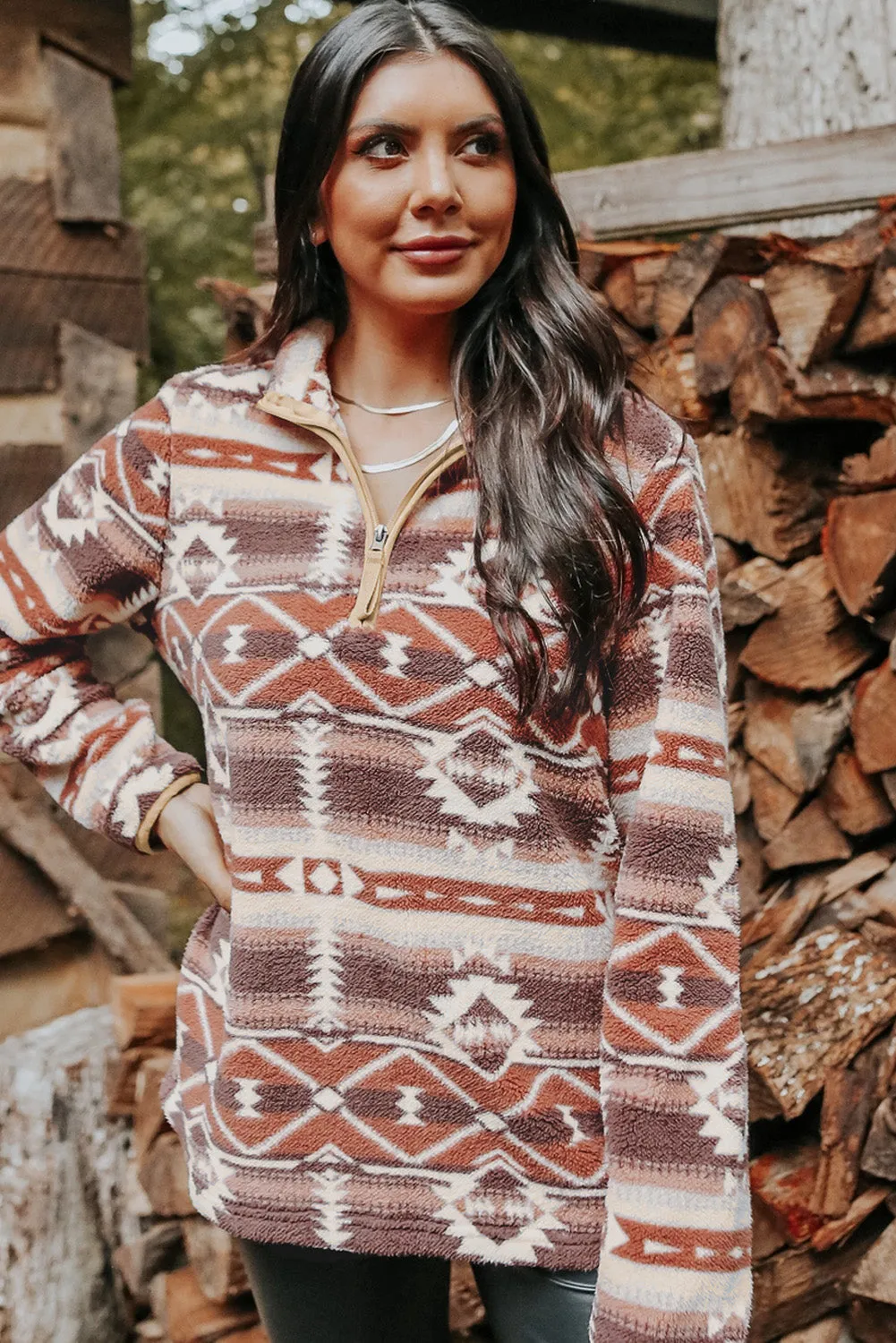 Aztec Zipped Sherpa Pullover Sweatshirt