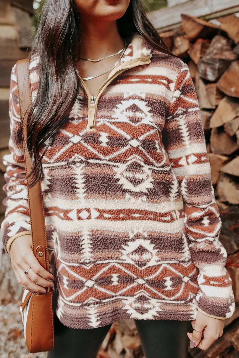 Aztec Zipped Sherpa Pullover Sweatshirt